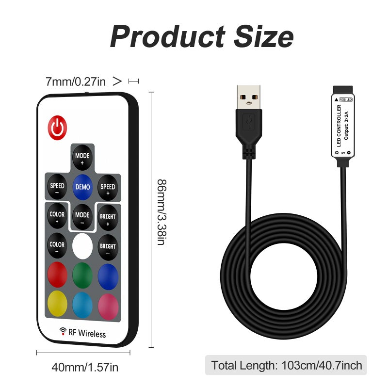 RGBZONE DC 5V USB RGB LED Controller, 17-Key RF Wireless Remote Control, 4-PIN LED Strip Lights Controller, 5050 3528 2835 RGB LED Strip Lights - Image 2
